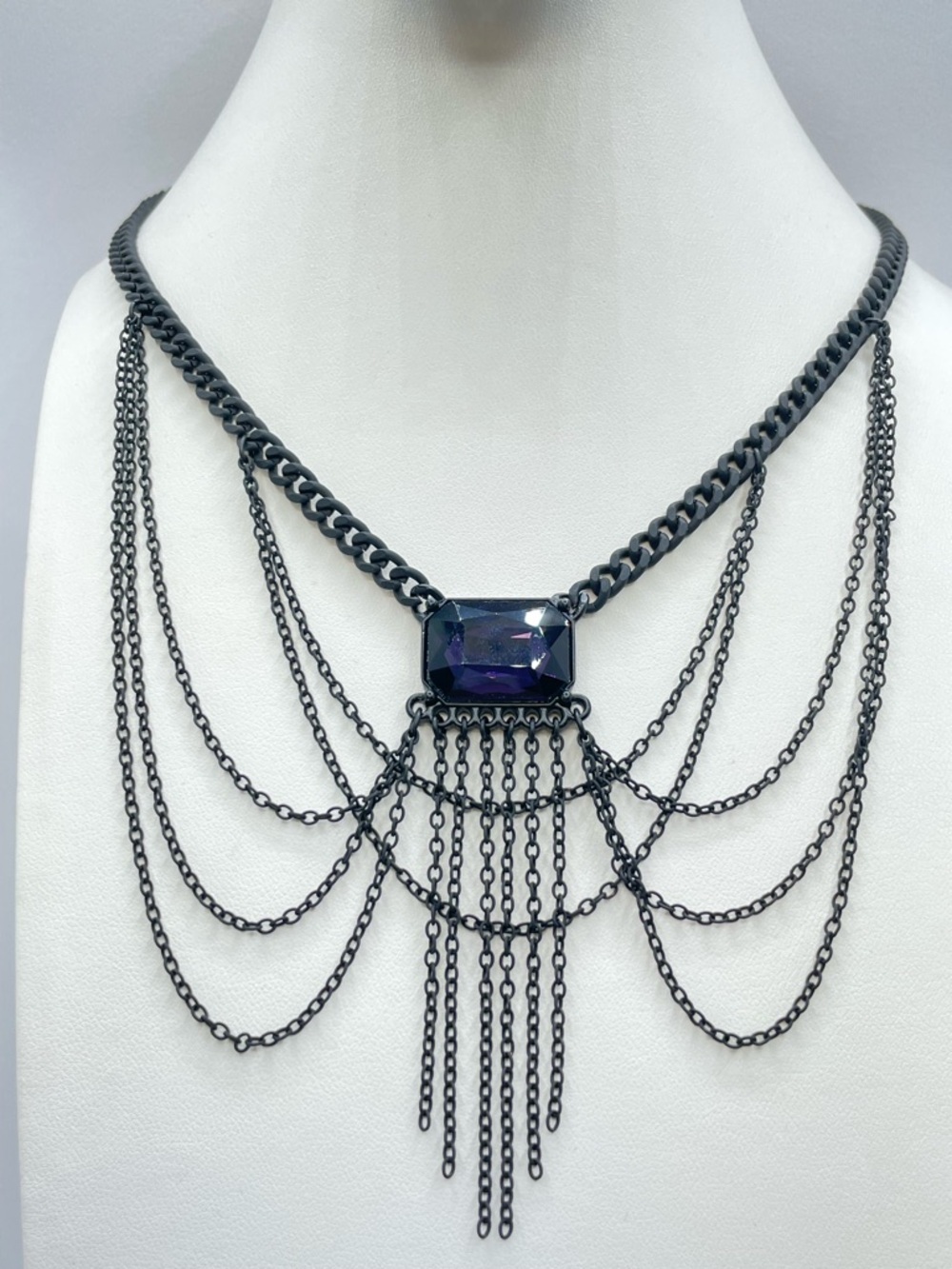 Gunmetal Purple Crystal Fringe Statement Necklace Gothic Chain